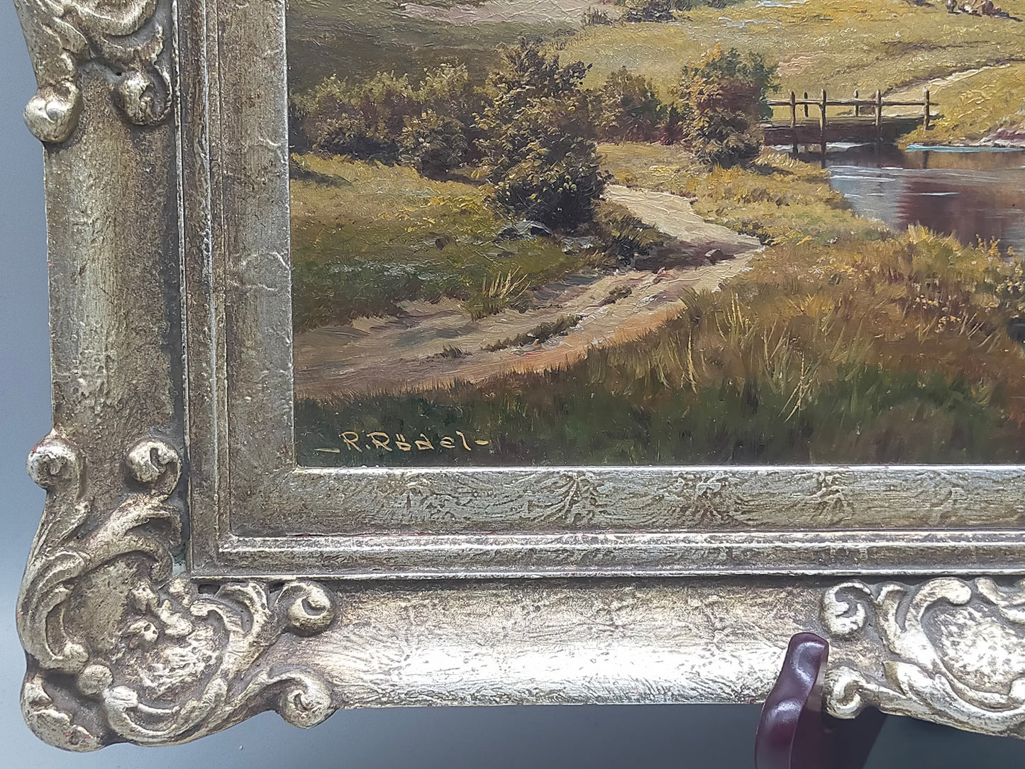 Ölgemälde Berglandschaft von R. Rödel – Prunkrahmen Gold Dekor - Signiert