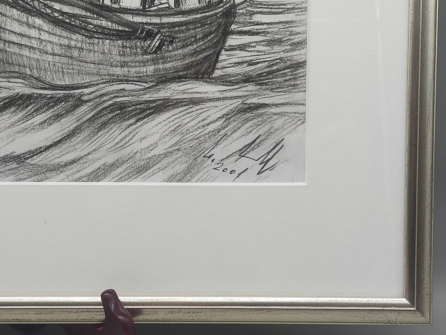Maritime Kohlezeichnung "Fischerboot auf See" – Signiert 2001