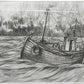 Maritime Kohlezeichnung "Fischerboot auf See" – Signiert 2001