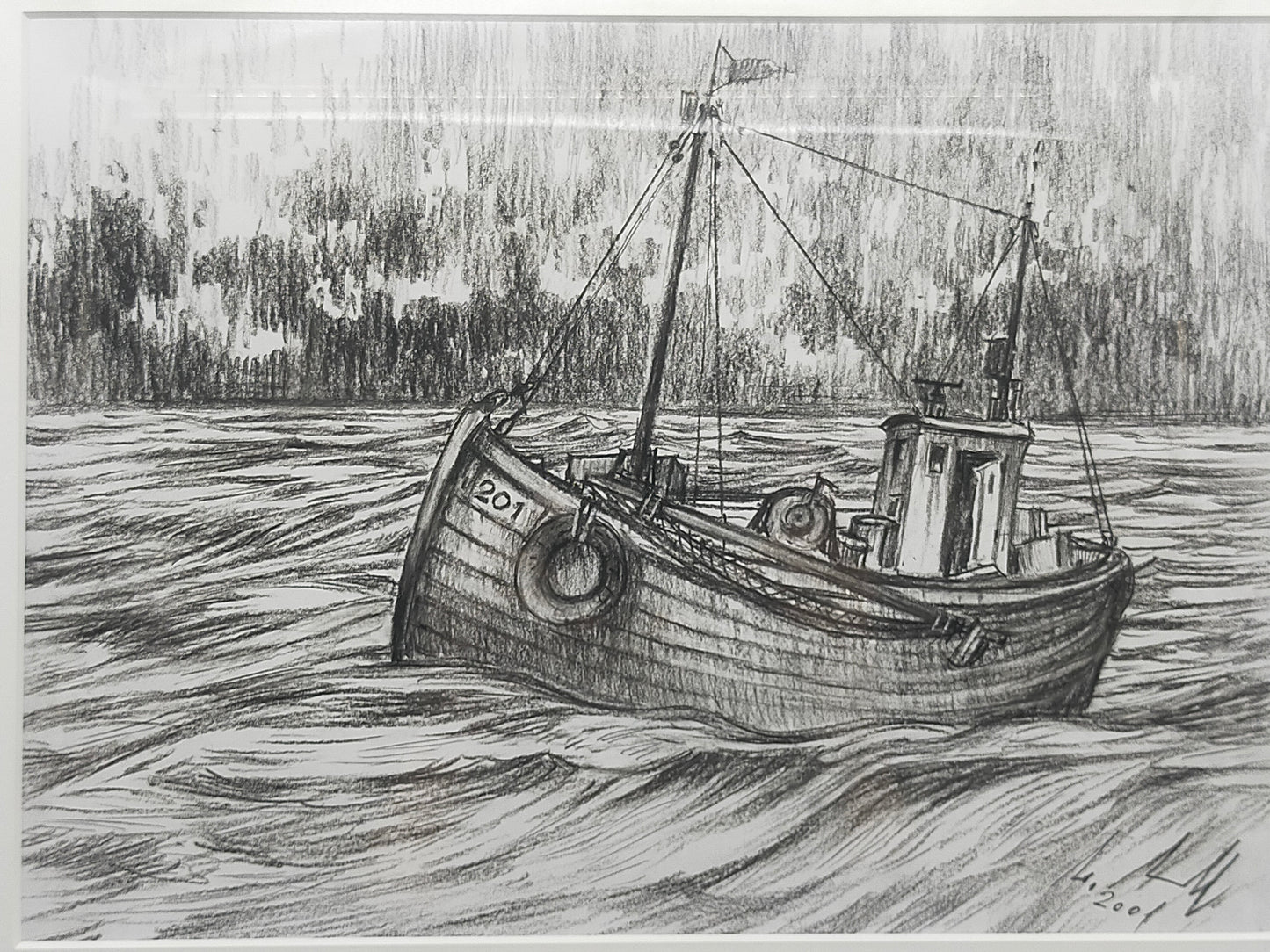 Maritime Kohlezeichnung "Fischerboot auf See" – Signiert 2001