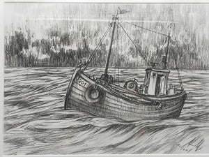 Maritime Kohlezeichnung "Fischerboot auf See" – Signiert 2001