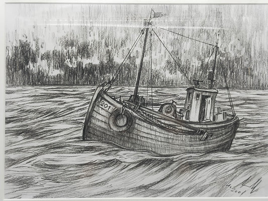 Maritime Kohlezeichnung "Fischerboot auf See" – Signiert 2001