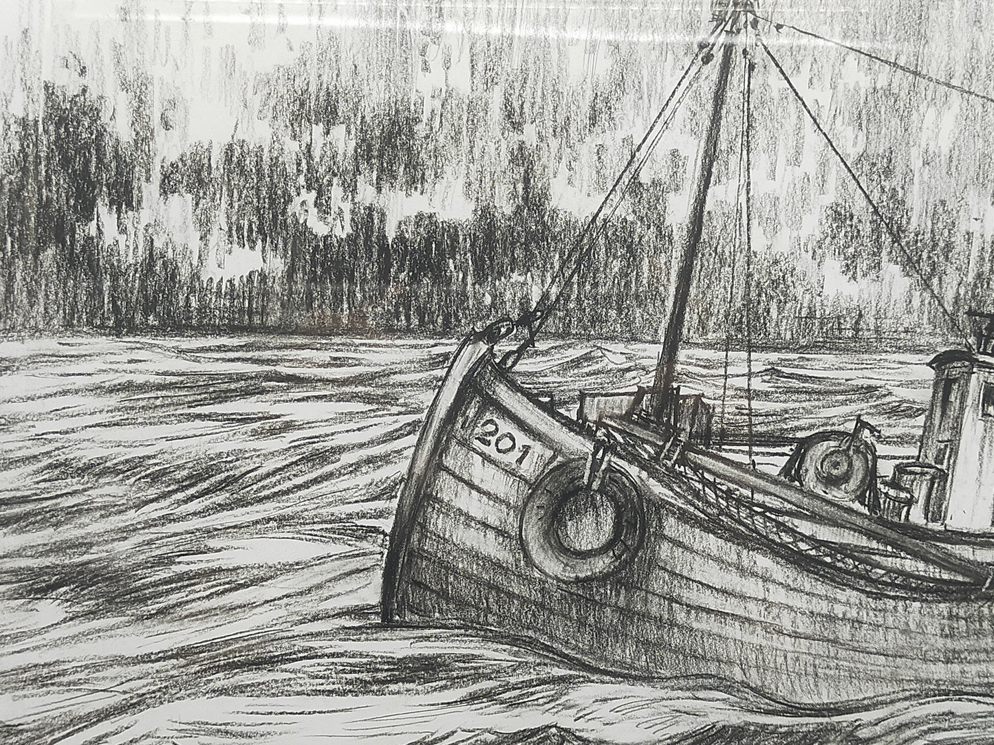 Maritime Kohlezeichnung "Fischerboot auf See" – Signiert 2001