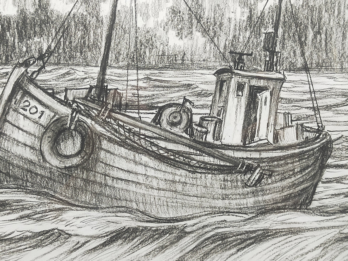 Maritime Kohlezeichnung "Fischerboot auf See" – Signiert 2001