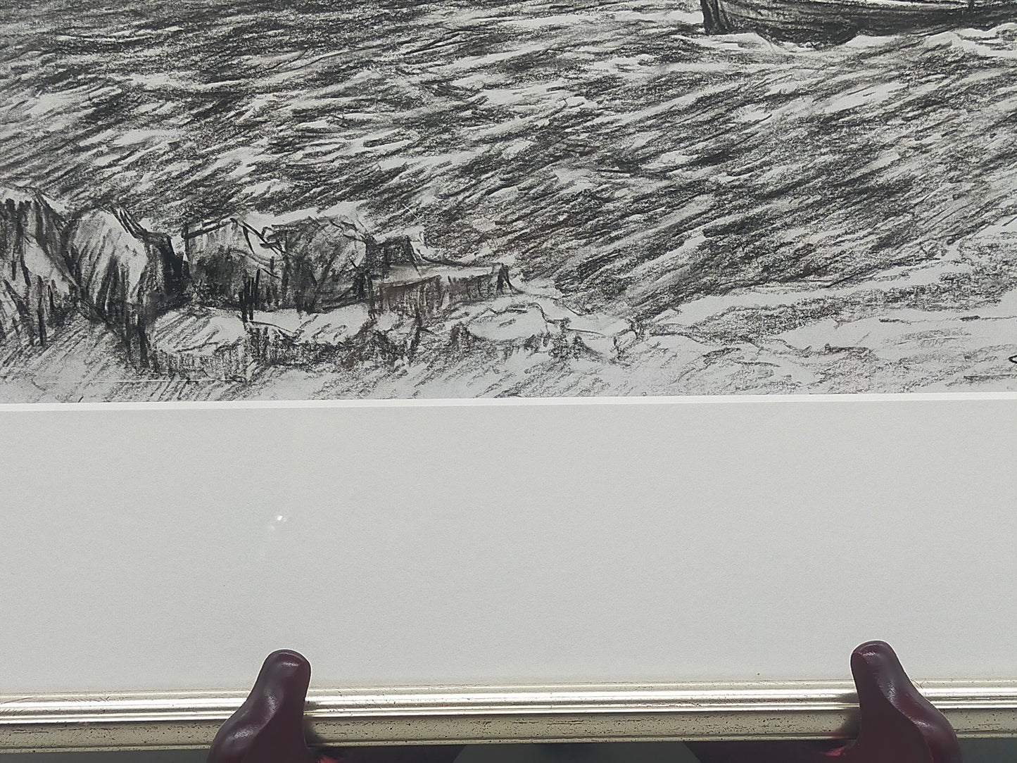 Maritime Kohlezeichnung „Fischerboot auf See“ – Signiert & Gerahmt (2001)