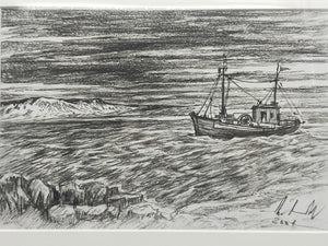 Maritime Kohlezeichnung „Fischerboot auf See“ – Signiert & Gerahmt (2001)