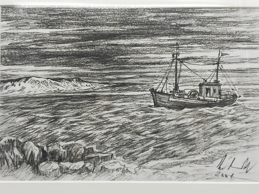 Maritime Kohlezeichnung „Fischerboot auf See“ – Signiert & Gerahmt (2001)