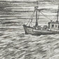 Maritime Kohlezeichnung „Fischerboot auf See“ – Signiert & Gerahmt (2001)