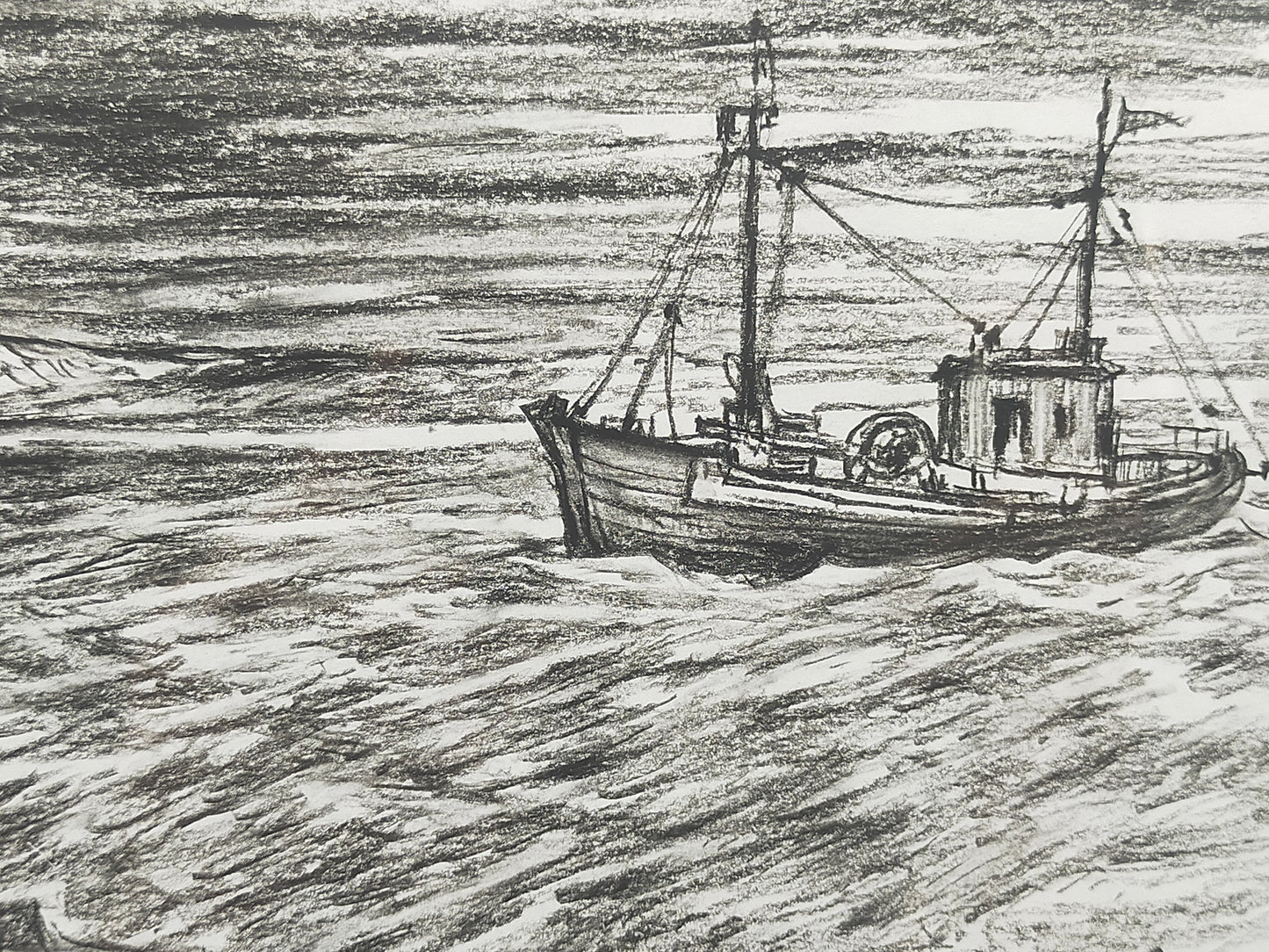 Maritime Kohlezeichnung „Fischerboot auf See“ – Signiert & Gerahmt (2001)