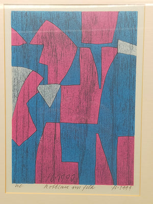 Abstraktes Kunstwerk „Rotblau im Feld“ – Moderner Holzschnitt gerahmt