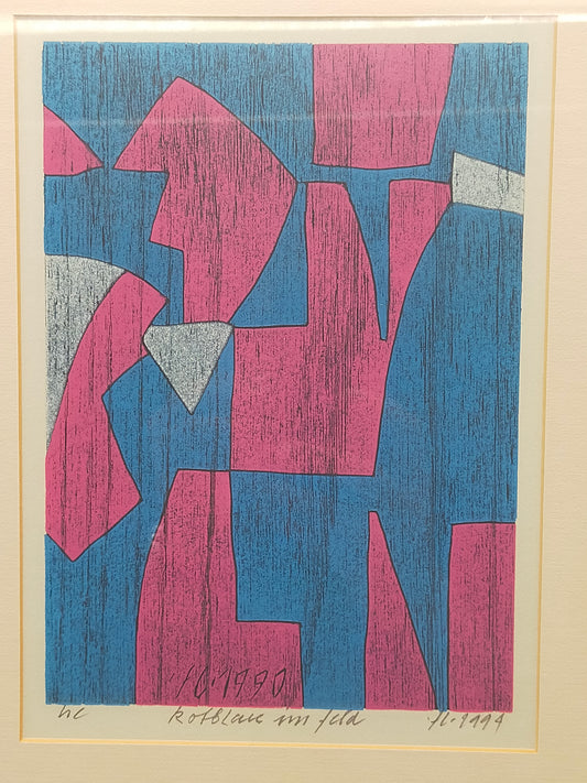 Abstraktes Kunstwerk „Rotblau im Feld“ – Moderner Holzschnitt gerahmt