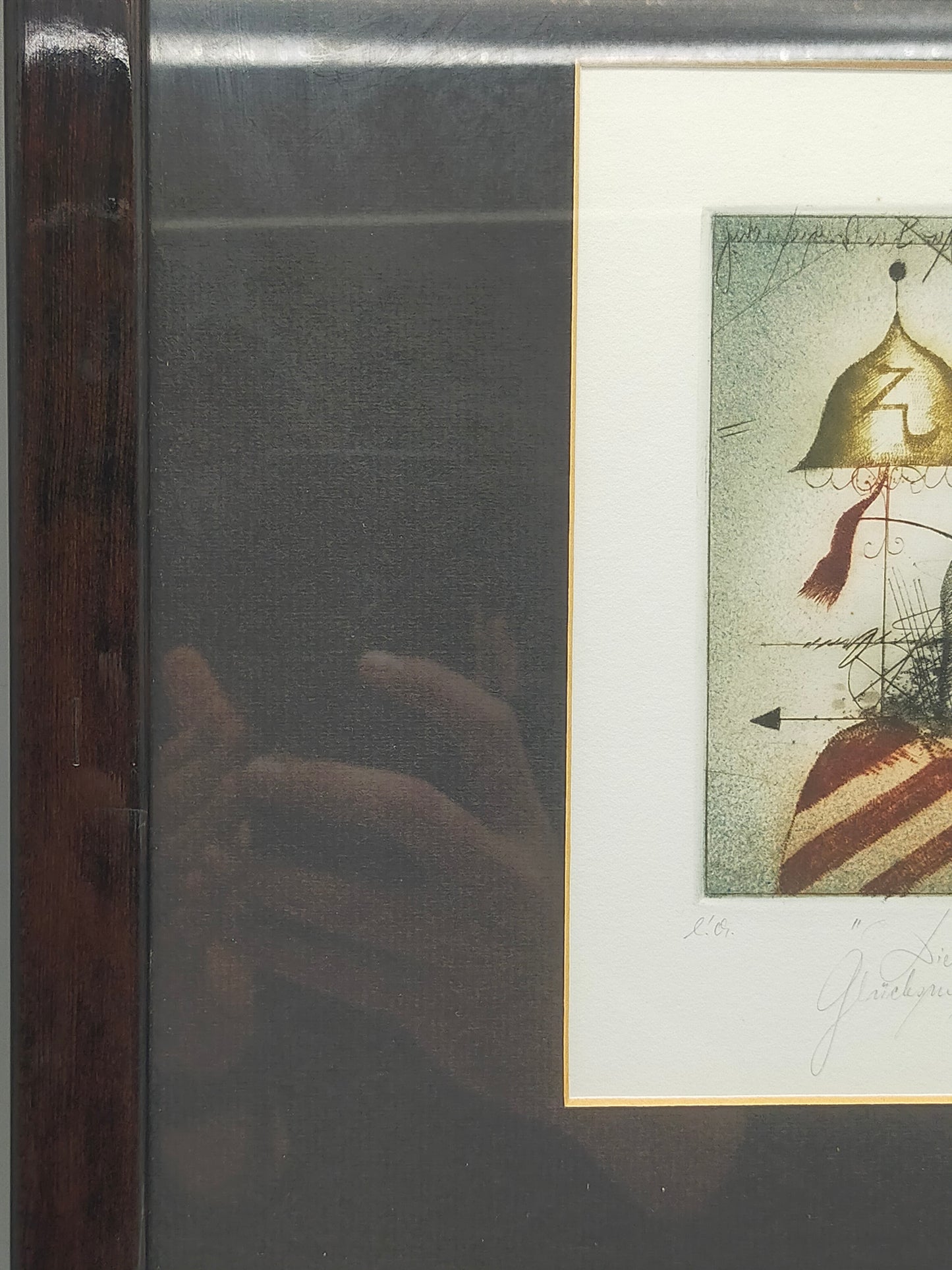 Signierte Grafik "Die Glückseligen" von Werner – Stilvoller Holzrahmen