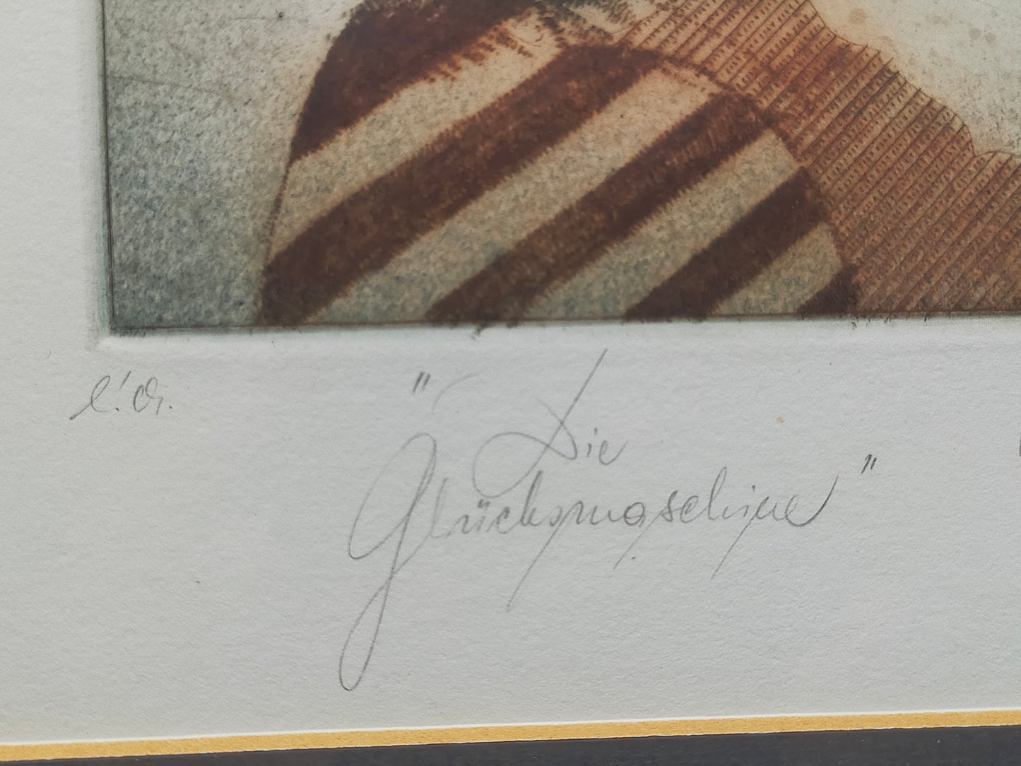 Signierte Grafik "Die Glückseligen" von Werner – Stilvoller Holzrahmen
