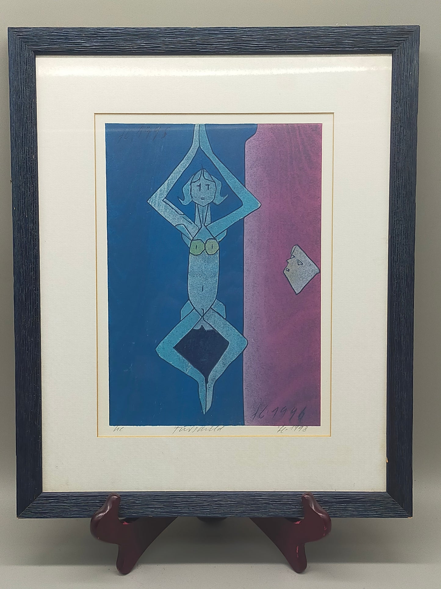 Moderner Kunstdruck "Fürwald" im Rahmen – Abstrakte Blau-Violette Figur - 1996