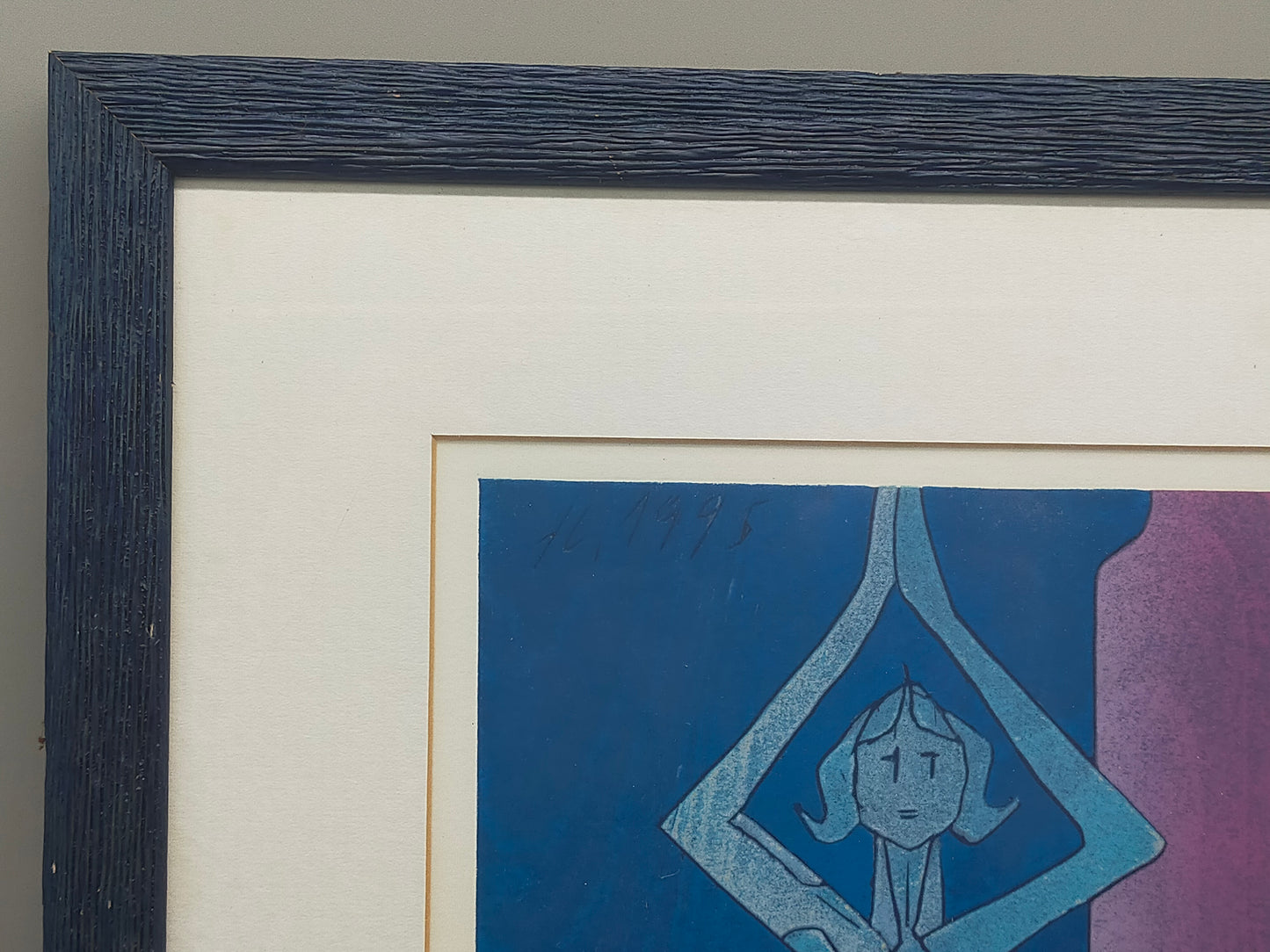Moderner Kunstdruck "Fürwald" im Rahmen – Abstrakte Blau-Violette Figur - 1996