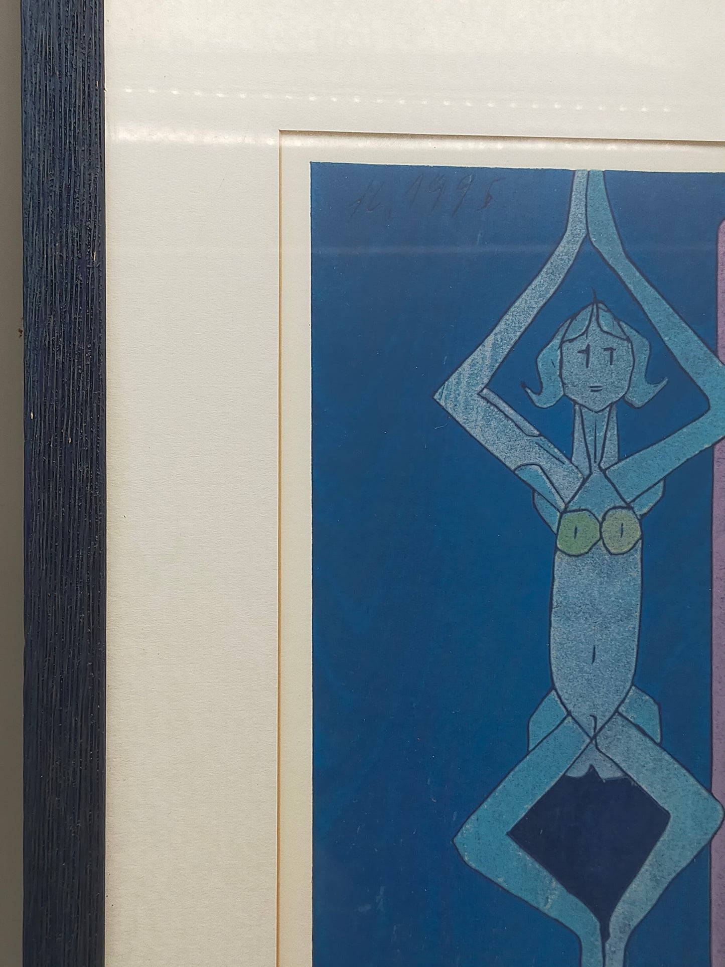 Moderner Kunstdruck "Fürwald" im Rahmen – Abstrakte Blau-Violette Figur - 1996