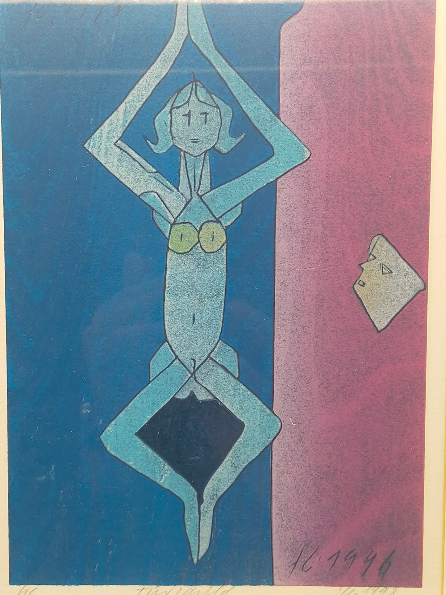 Moderner Kunstdruck "Fürwald" im Rahmen – Abstrakte Blau-Violette Figur - 1996