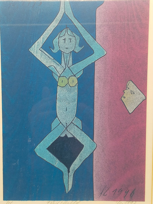 Moderner Kunstdruck "Fürwald" im Rahmen – Abstrakte Blau-Violette Figur - 1996