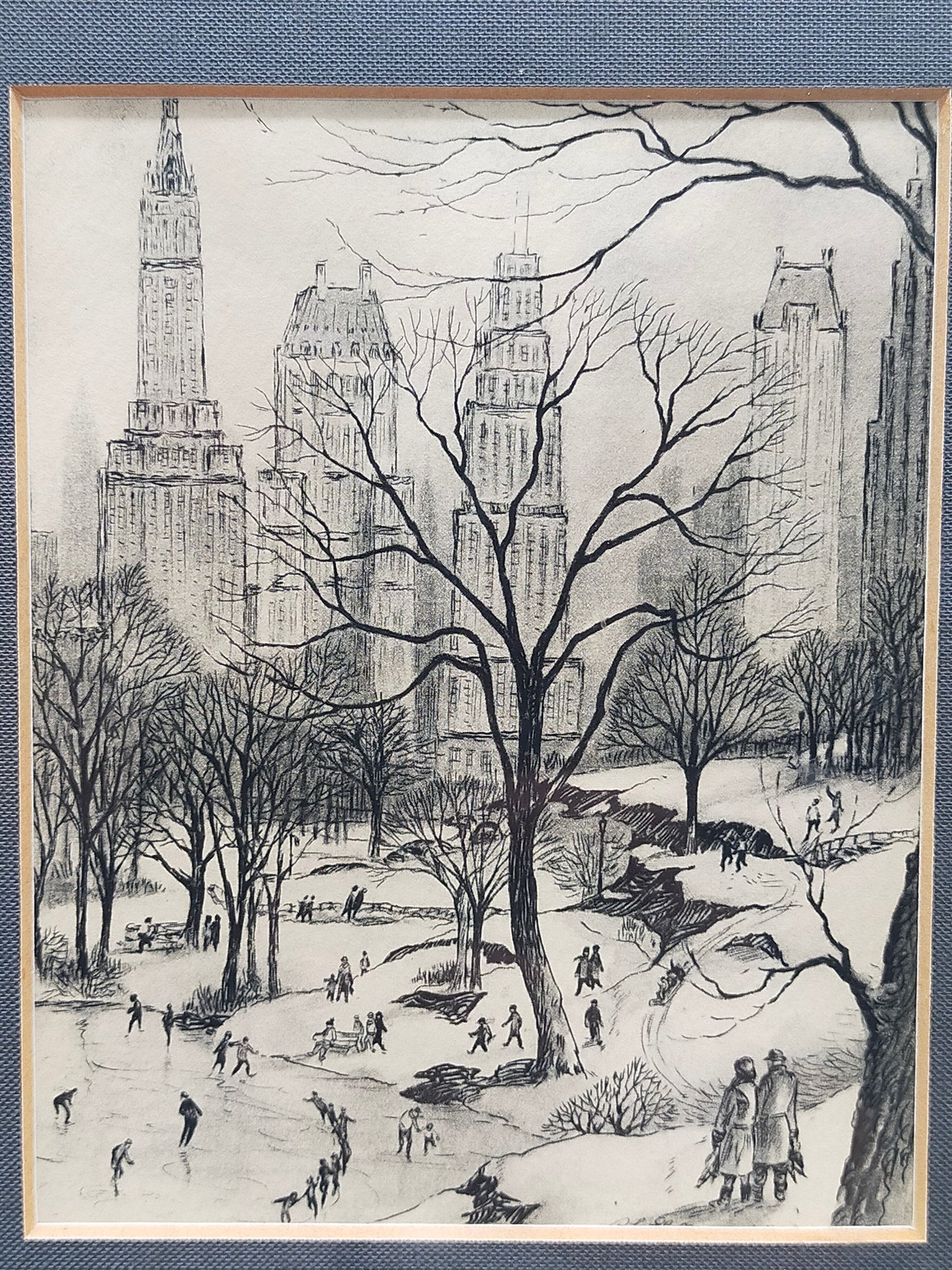 Vintage New York City Central Park Skizze – Gerahmtes Kunstwerk mit Widmung