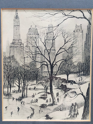 Vintage New York City Central Park Skizze – Gerahmtes Kunstwerk mit Widmung