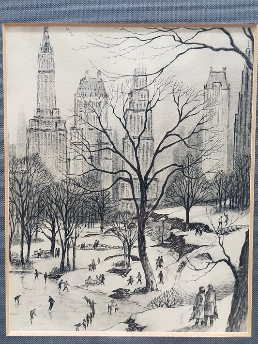 Vintage New York City Central Park Skizze – Gerahmtes Kunstwerk mit Widmung