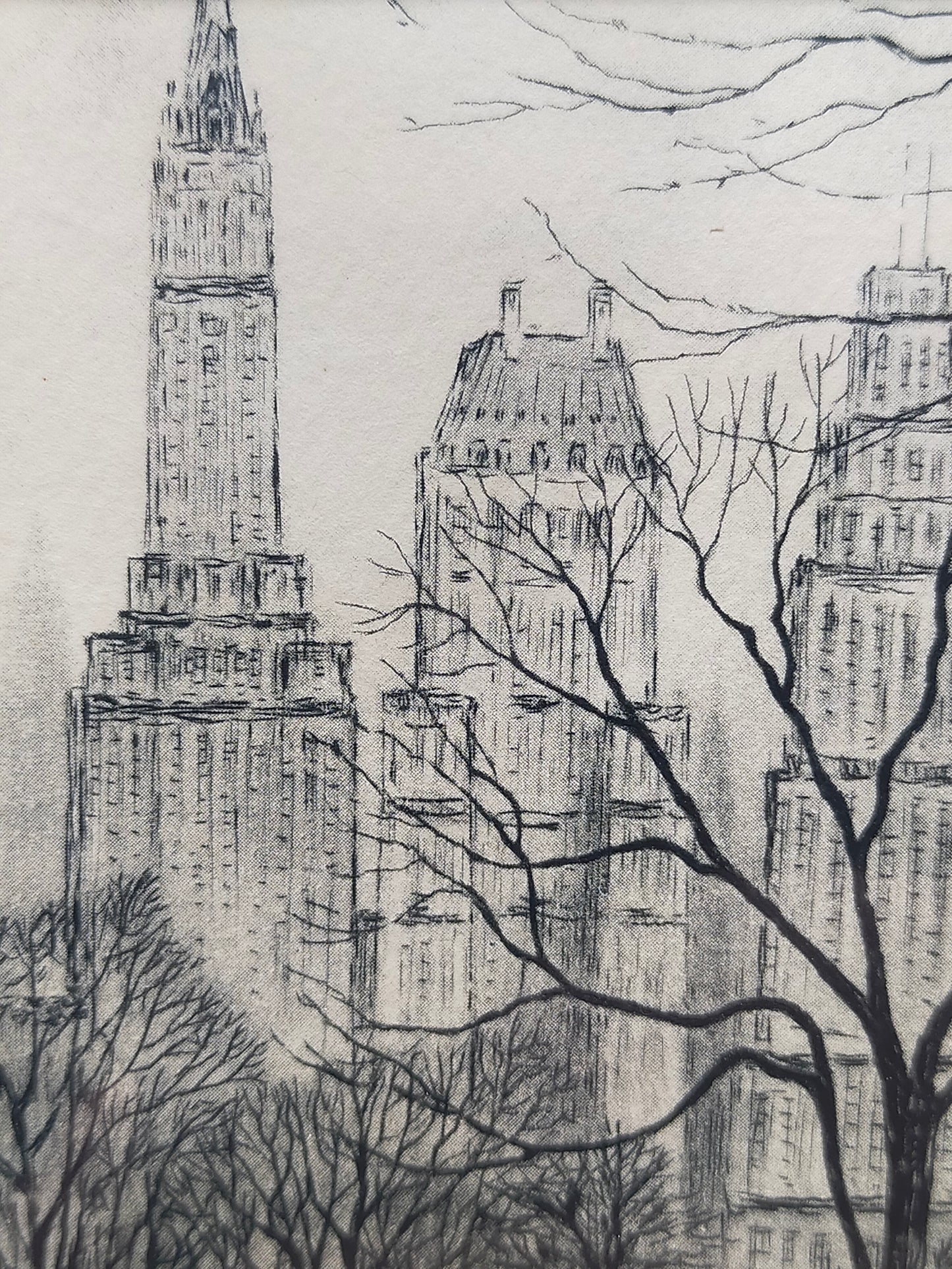 Vintage New York City Central Park Skizze – Gerahmtes Kunstwerk mit Widmung