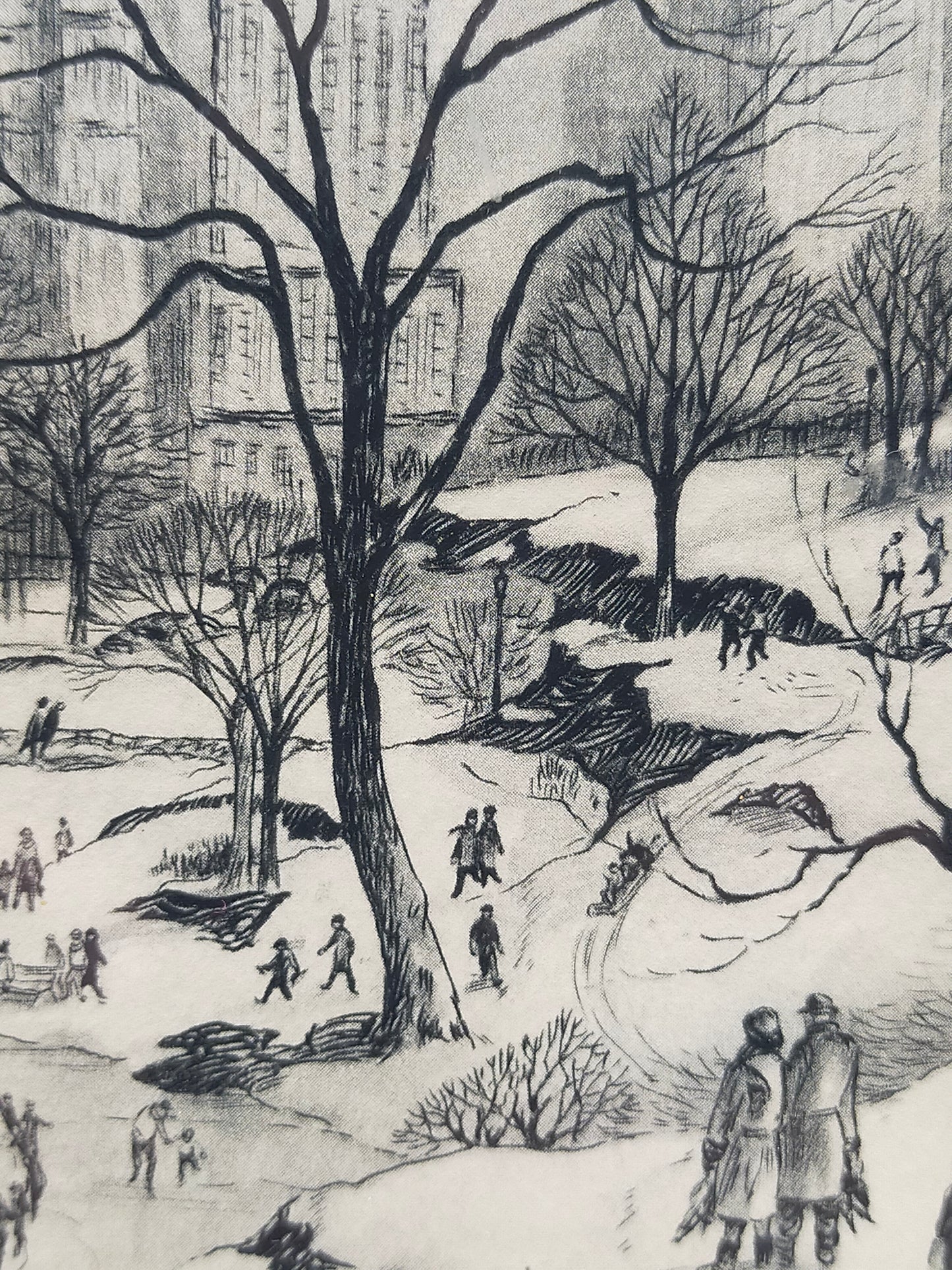 Vintage New York City Central Park Skizze – Gerahmtes Kunstwerk mit Widmung