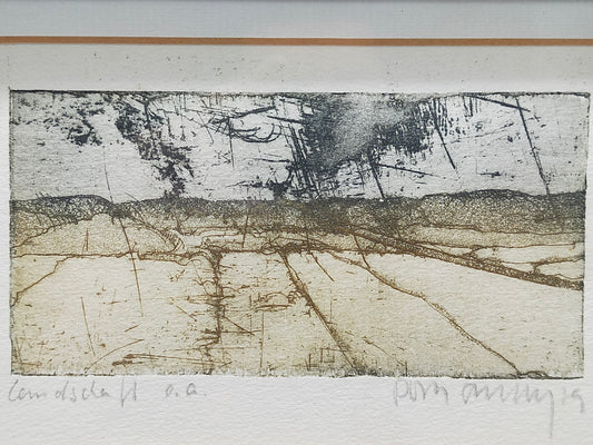 Eingerahmte Grafik "Landschaft" – Künstlerische Radierung im Holzrahmen