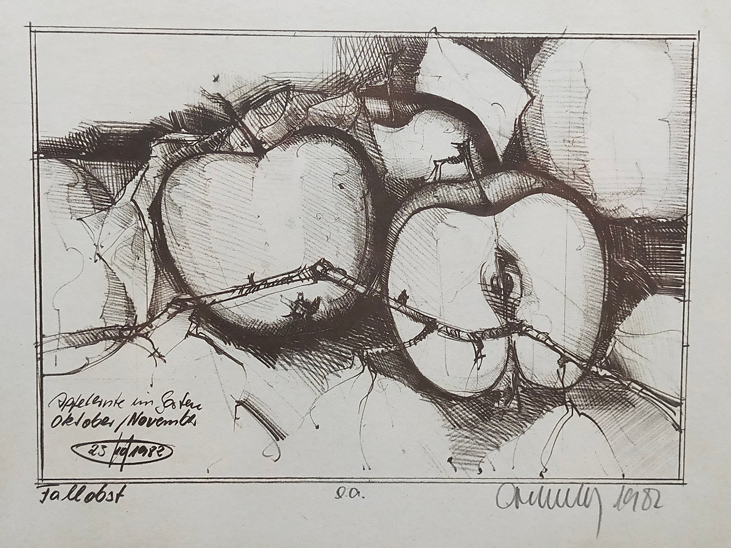 Original Zeichnung „Fallobst“ von 1982 – Handsigniertes Stillleben im Rahmen