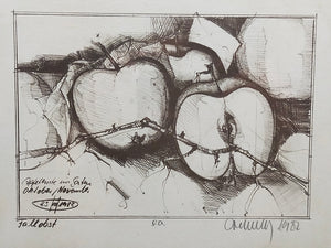 Original Zeichnung „Fallobst“ von 1982 – Handsigniertes Stillleben im Rahmen
