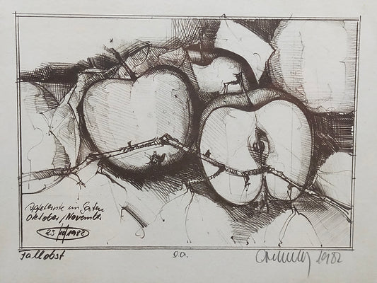 Original Zeichnung „Fallobst“ von 1982 – Handsigniertes Stillleben im Rahmen