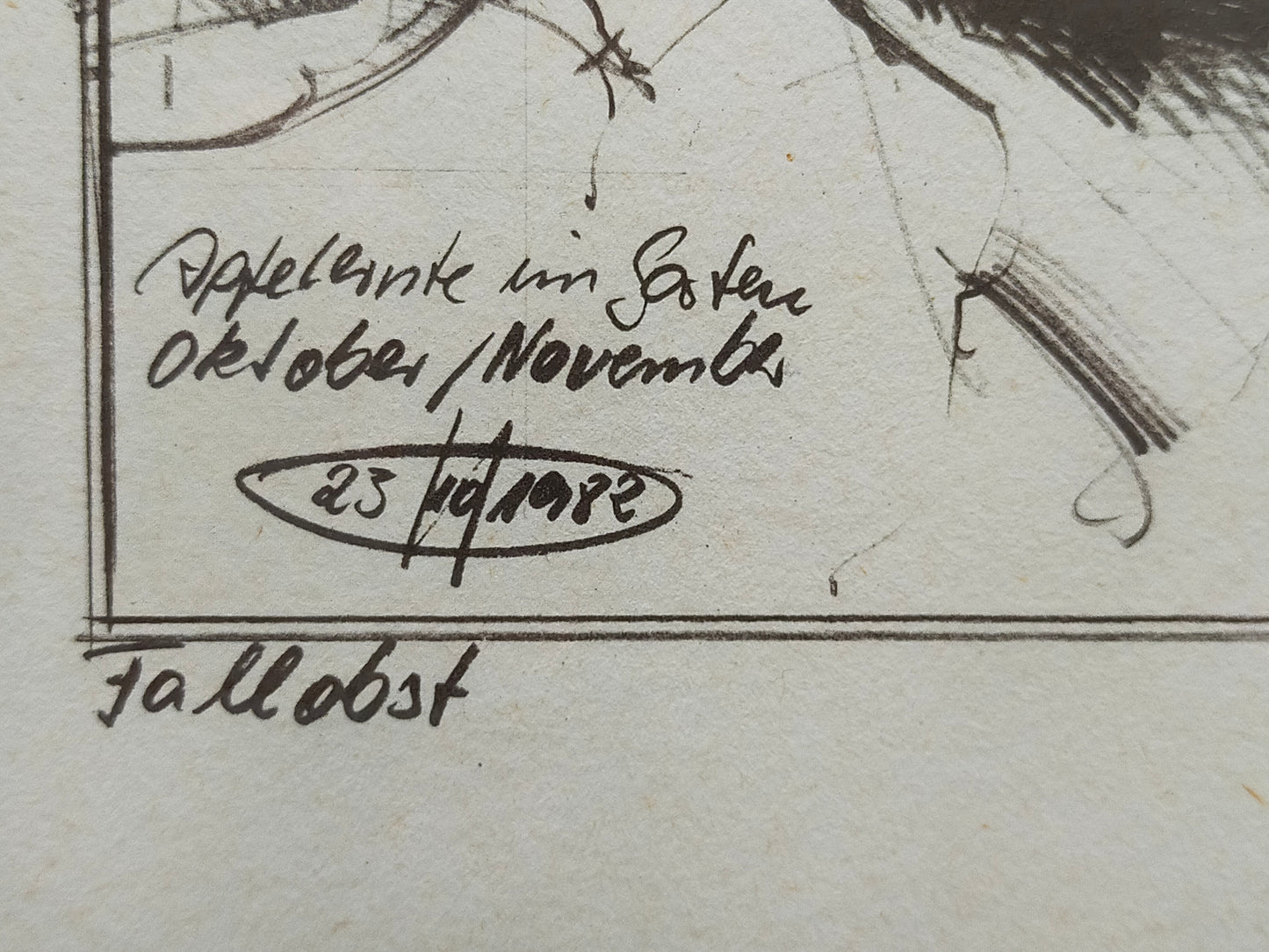Original Zeichnung „Fallobst“ von 1982 – Handsigniertes Stillleben im Rahmen