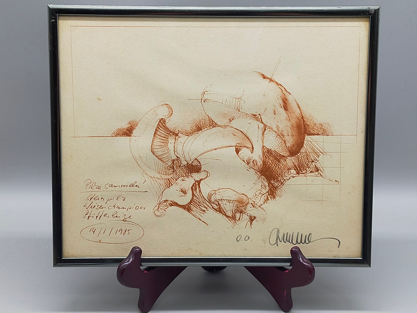 Original Zeichnung „Pilze sammeln“ von 1985 – Signiert & Gerahmt