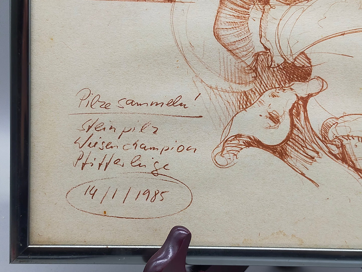 Original Zeichnung „Pilze sammeln“ von 1985 – Signiert & Gerahmt