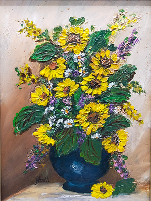 Charmantes Ölgemälde Sonnenblumen in Vase – Signiertes Blumenstillleben