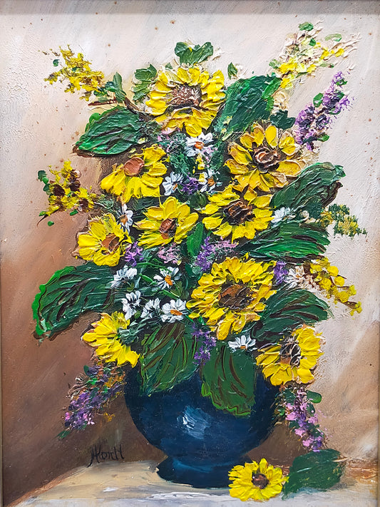 Charmantes Ölgemälde Sonnenblumen in Vase – Signiertes Blumenstillleben