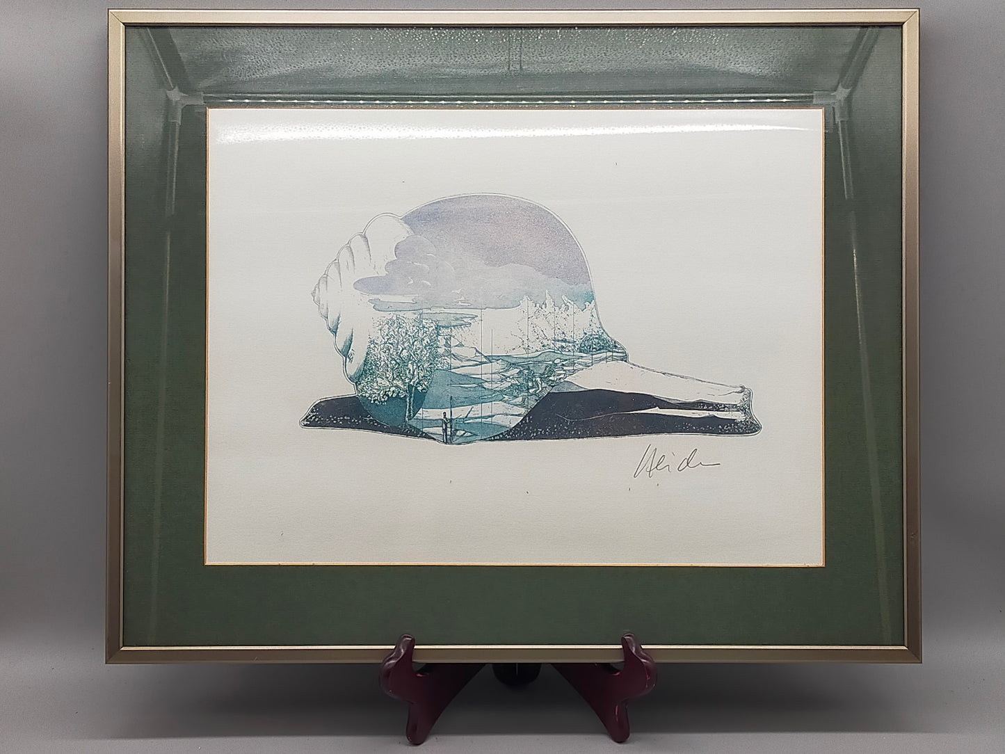 Surrealistische Grafik "Schneckenhaus-Landschaft" – Signiert & Gerahmt