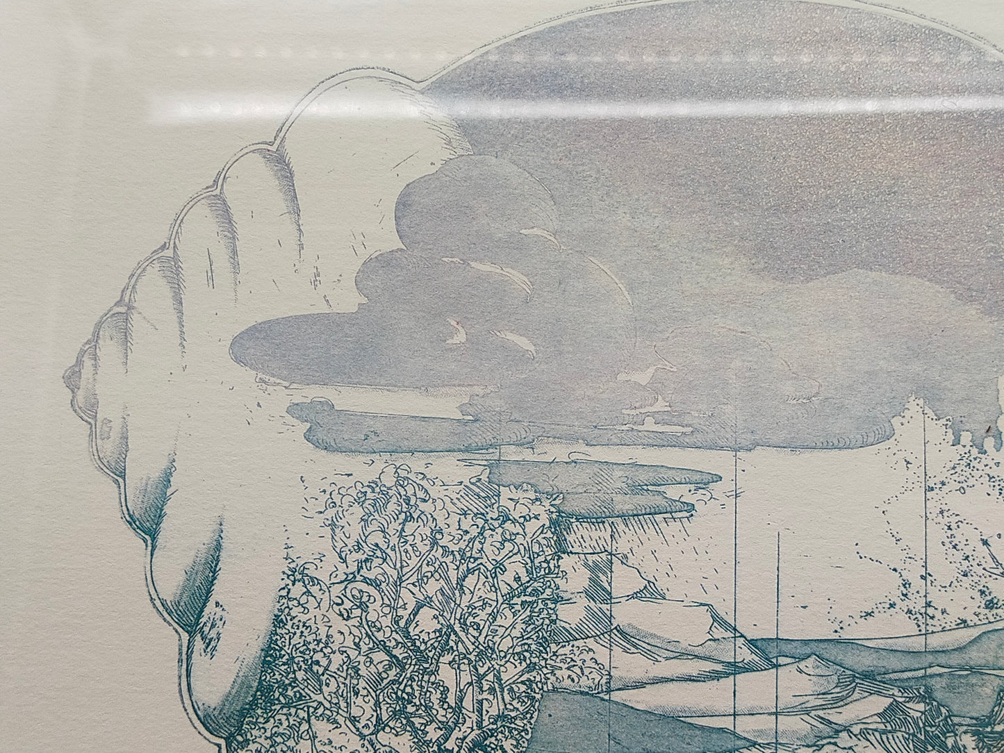 Surrealistische Grafik "Schneckenhaus-Landschaft" – Signiert & Gerahmt