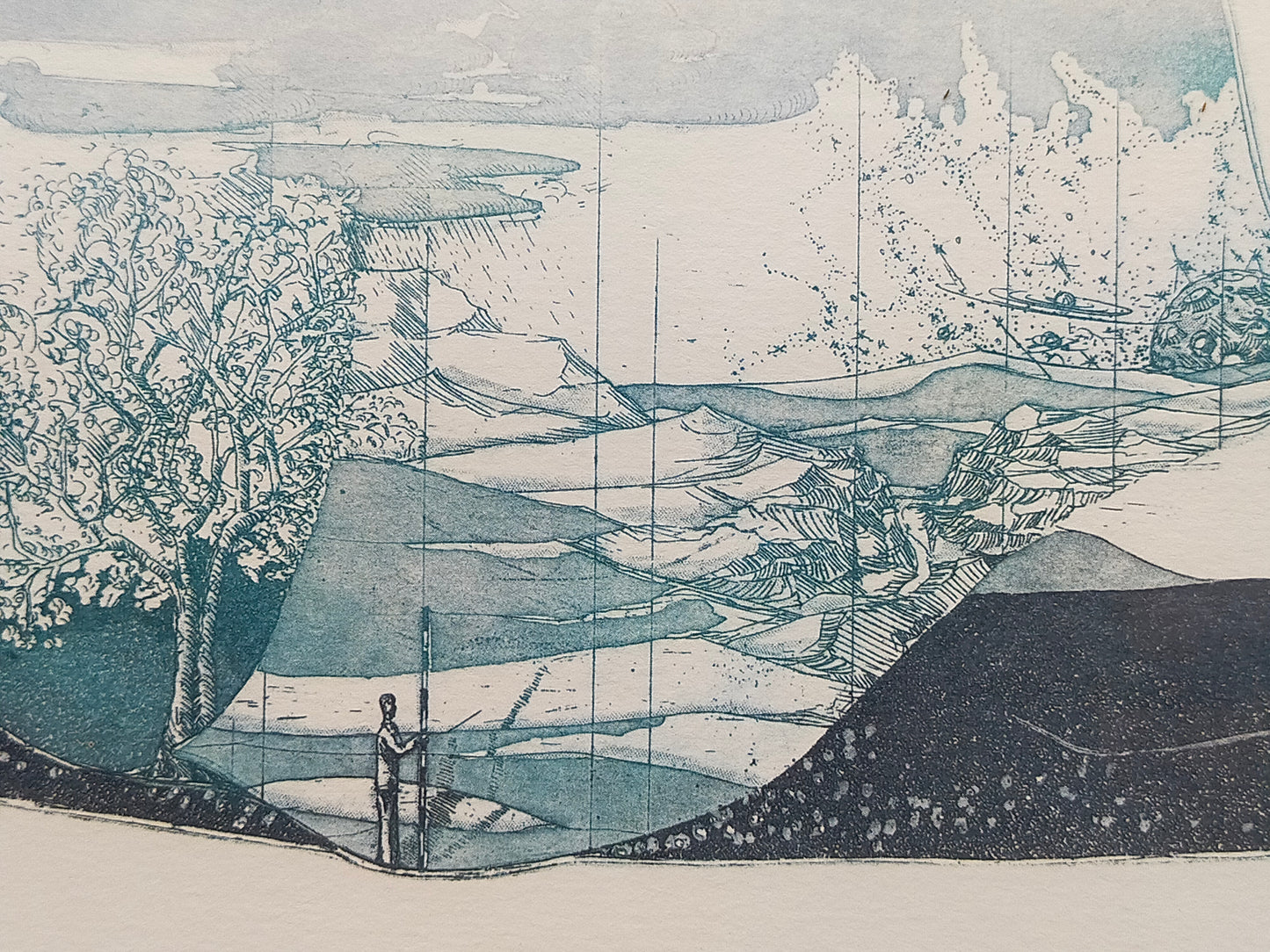 Surrealistische Grafik "Schneckenhaus-Landschaft" – Signiert & Gerahmt