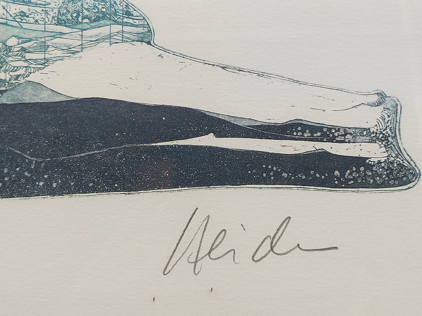 Surrealistische Grafik "Schneckenhaus-Landschaft" – Signiert & Gerahmt