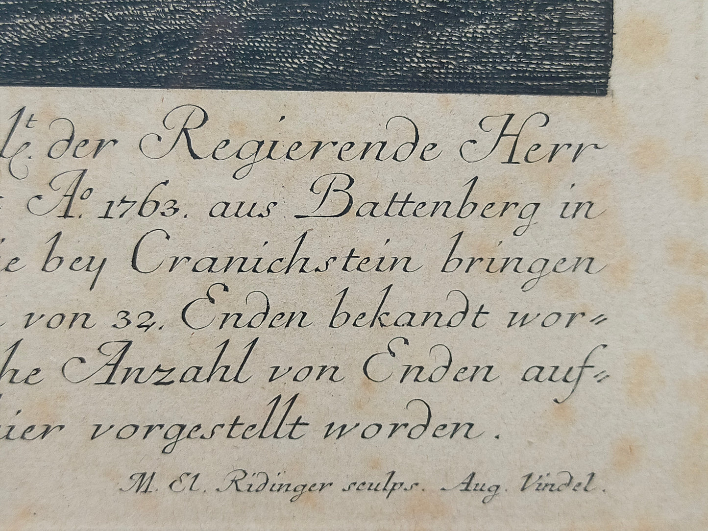 Antiker Kupferstich Johann Elias Ridinger – Prachtvoller Hirsch von 1763