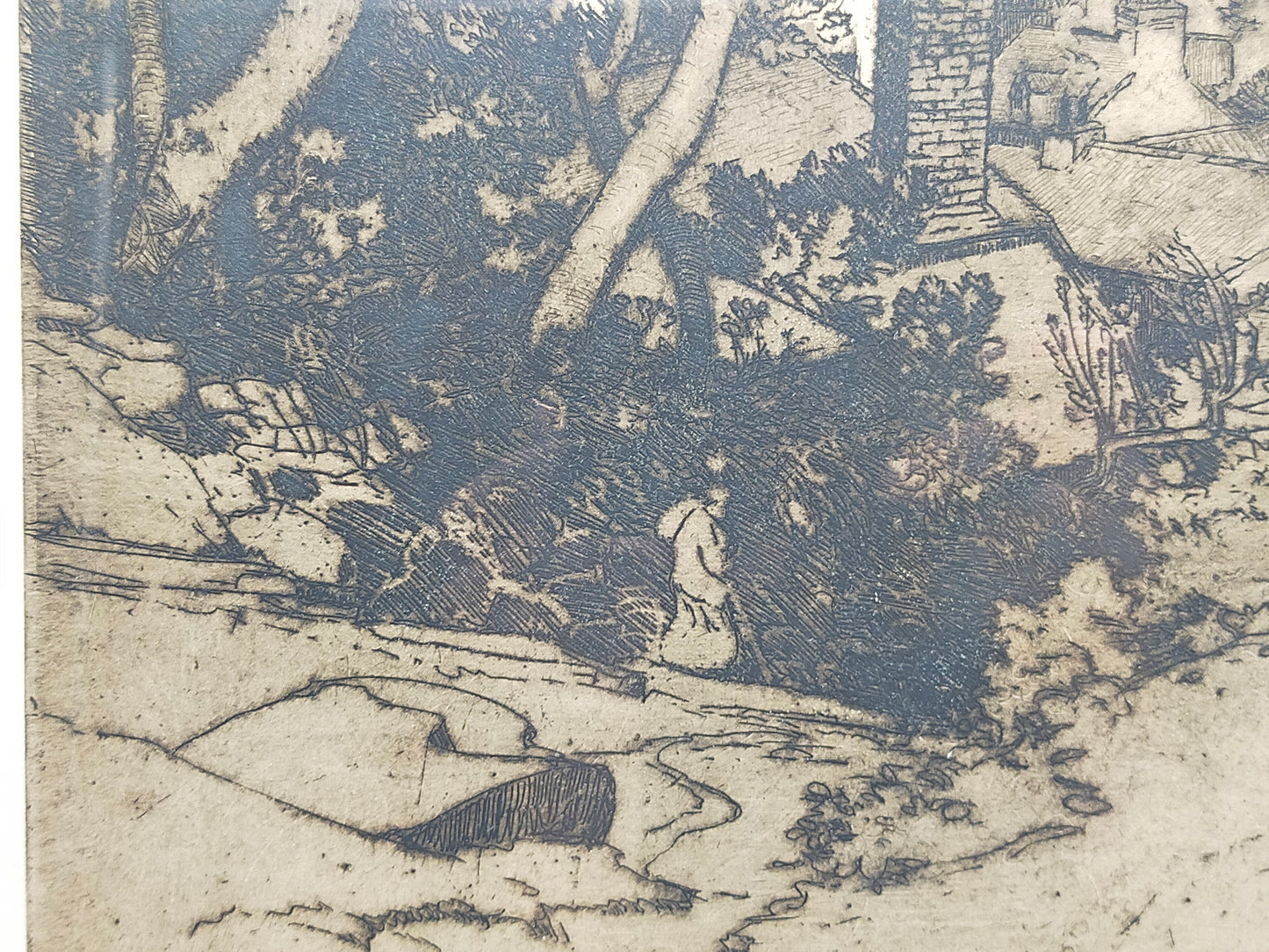 Signierte Radierung Küstenlandschaft – Klassische Grafik im Holzrahmen