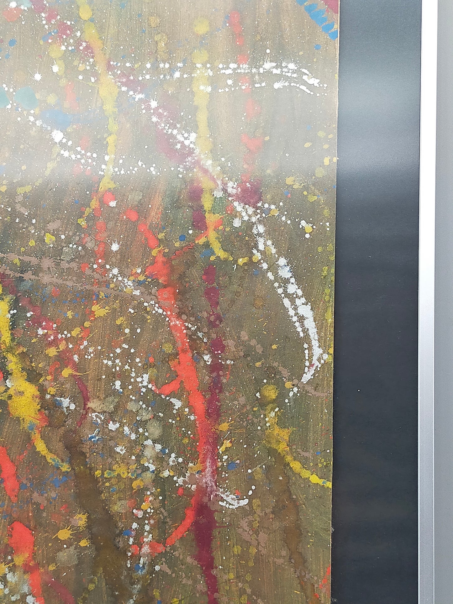 Modernes Abstraktes Gemälde – Farbenfrohes Wandbild im Silberrahmen