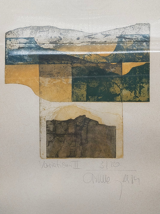 Abstrakte Kunst Variation II – Signierte Farbradierung von Chumu 1984