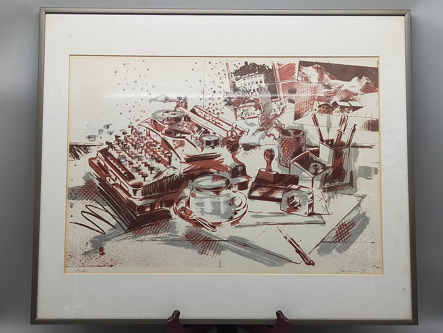 Originelles Schreibmaschinen-Stillleben – Künstlerische Lithografie von 1990