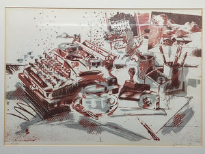 Originelles Schreibmaschinen-Stillleben – Künstlerische Lithografie von 1990