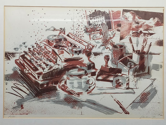 Originelles Schreibmaschinen-Stillleben – Künstlerische Lithografie von 1990