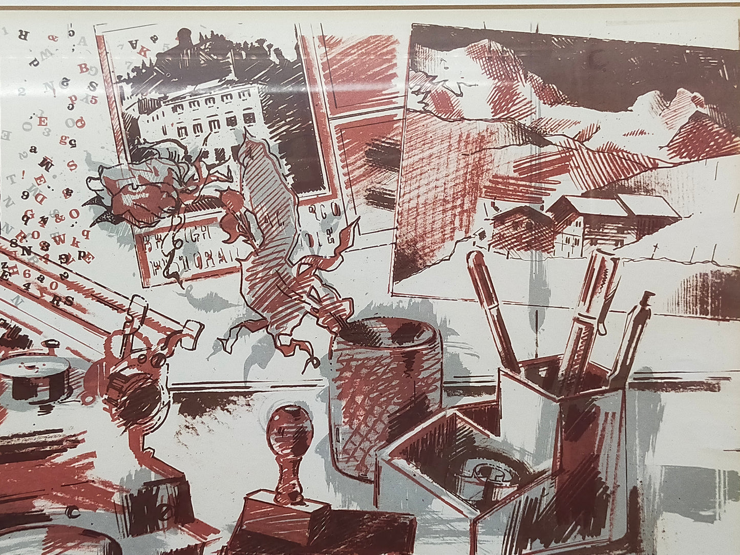 Originelles Schreibmaschinen-Stillleben – Künstlerische Lithografie von 1990