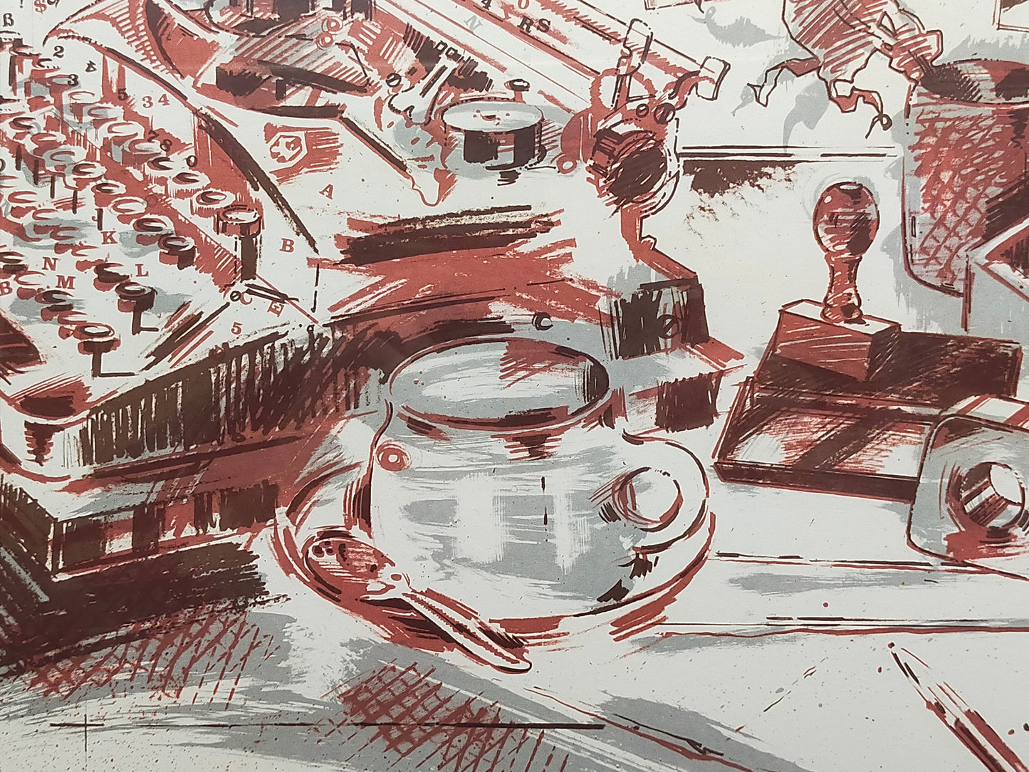Originelles Schreibmaschinen-Stillleben – Künstlerische Lithografie von 1990