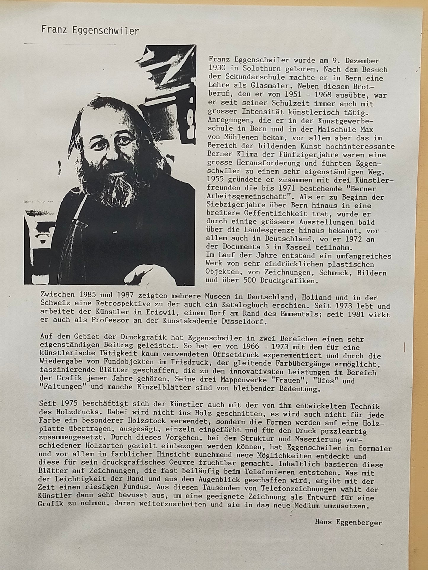 Exklusiver Holzdruck von Franz Eggenschwiler – „Schinkelbein“ (1989)